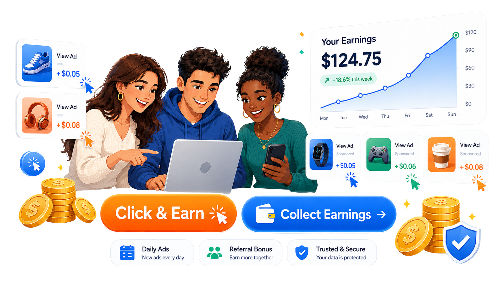 Paidvests: view ads, earn rewards, and collect your earnings